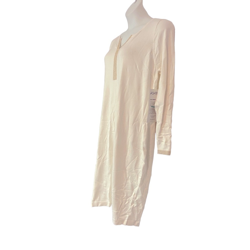 Ashro Light Sweater Dress Bead Studded Midi Long Sleeve Office Party Ivory White - Picture 5 of 12